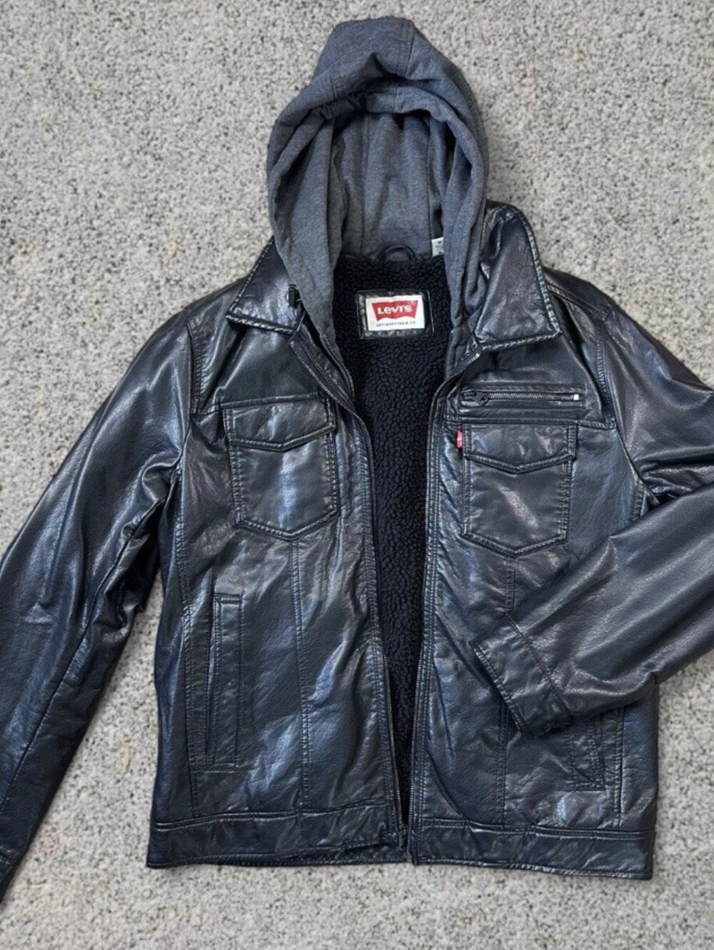 Levi’s Men’s M Black Faux Leather Sherpa Lined Hooded Jacket Y2K Moto Trucker